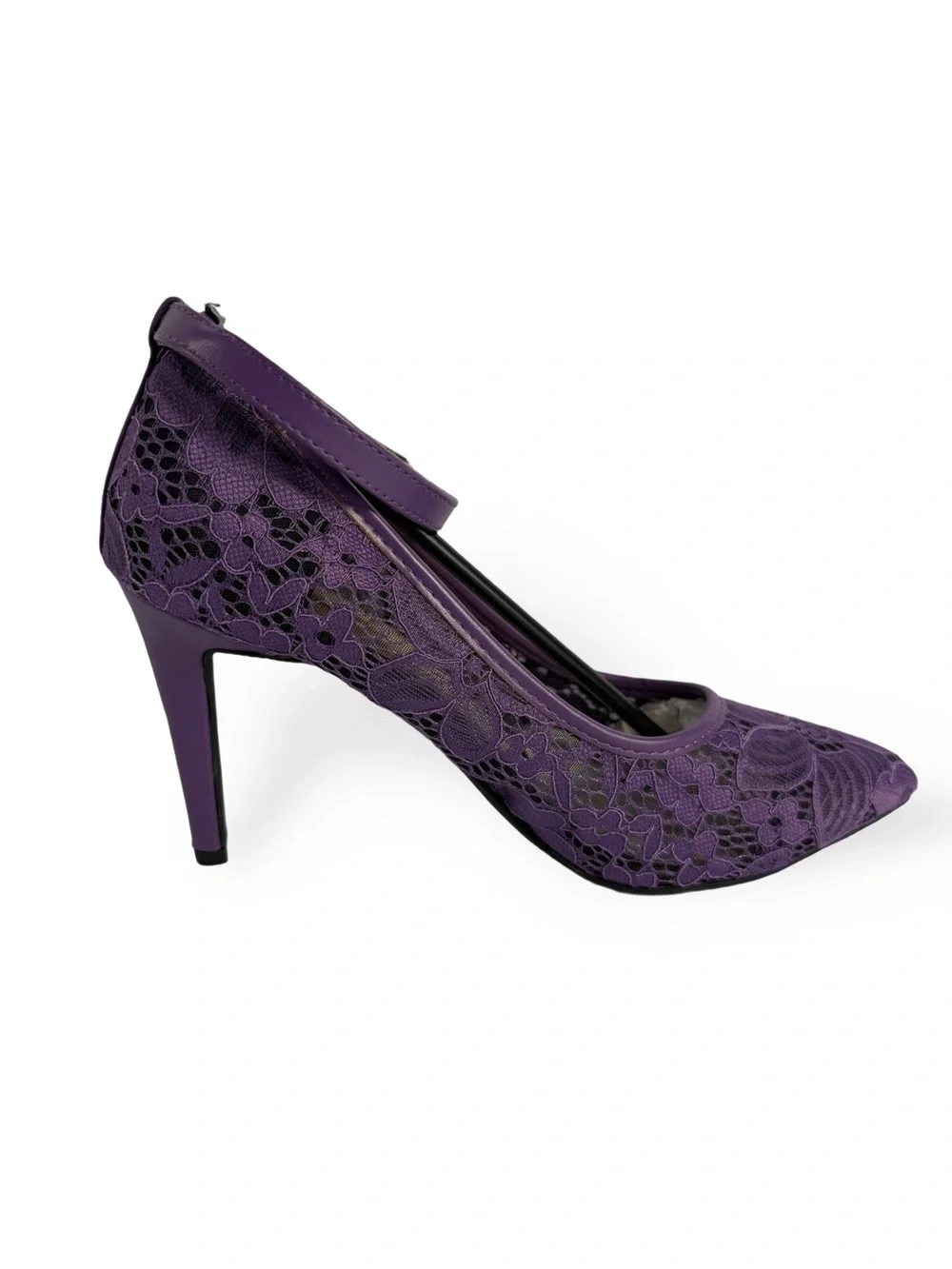 Purple Lace Pointed-Toe Ankle-Strap Heels